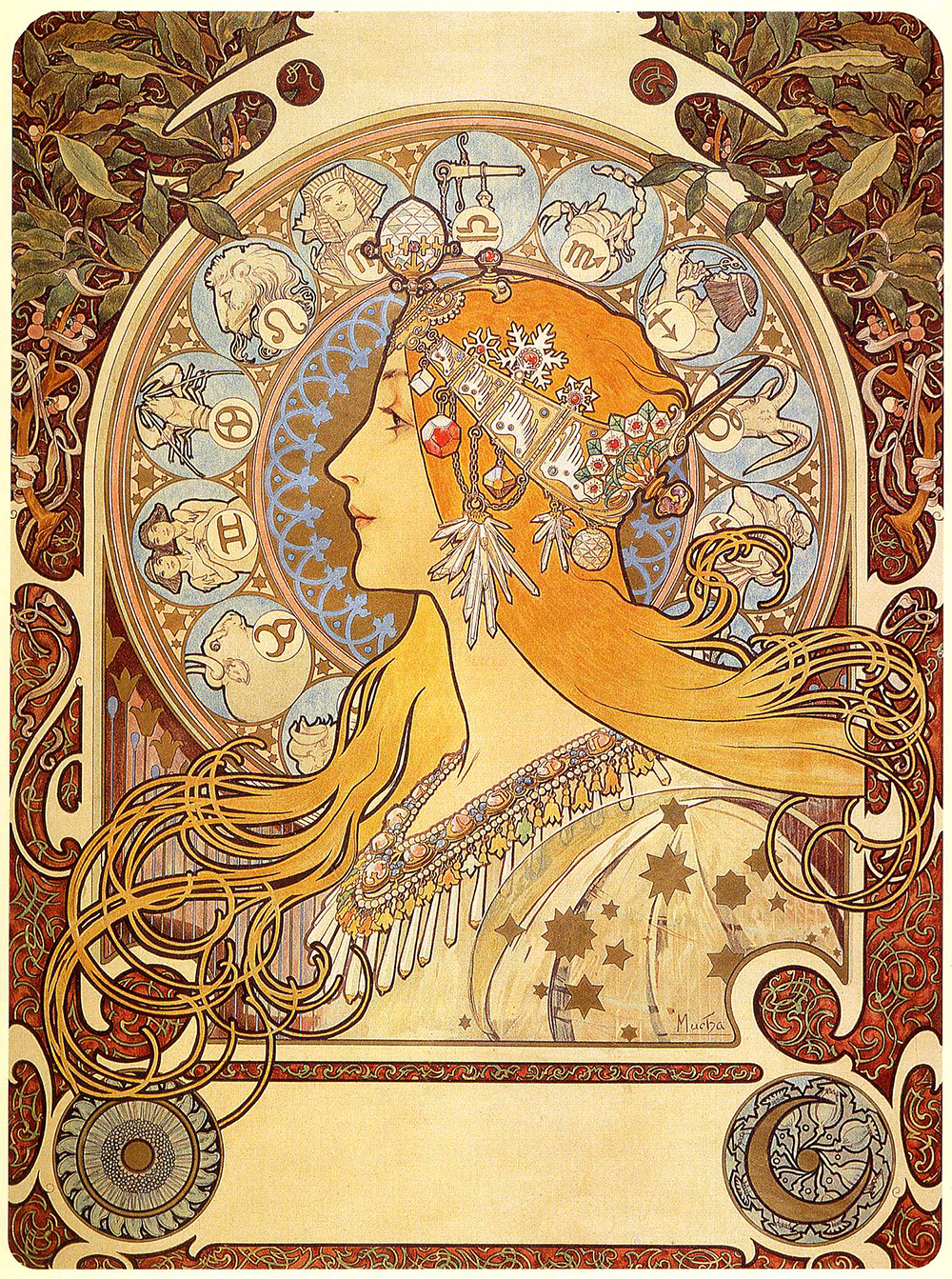 Alfons Mucha: Zodiac, Grafik 1896. Abbildung des Postermotivs